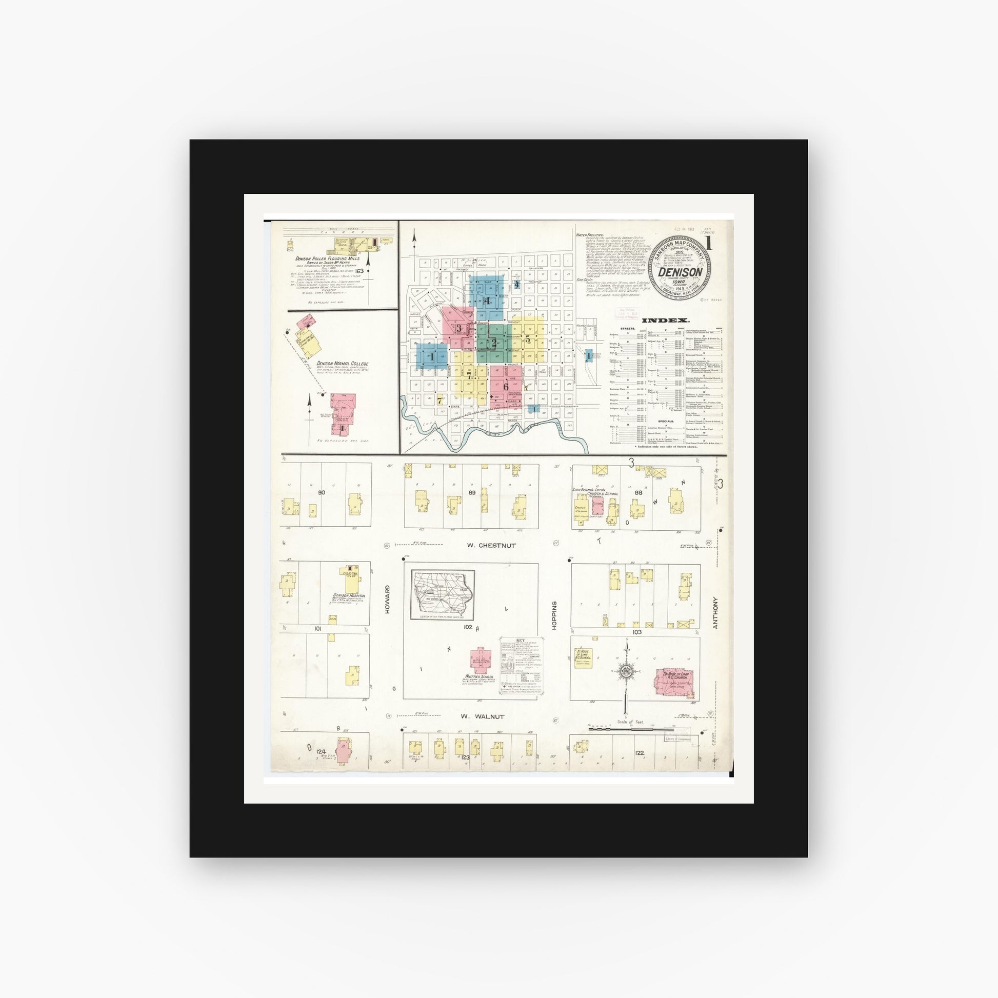 Old map wall art mockup — black gallery frame with white mat — Sanborn Fire Insurance Map from Denison, Crawford County, Iowa (1913), Sheet #0001