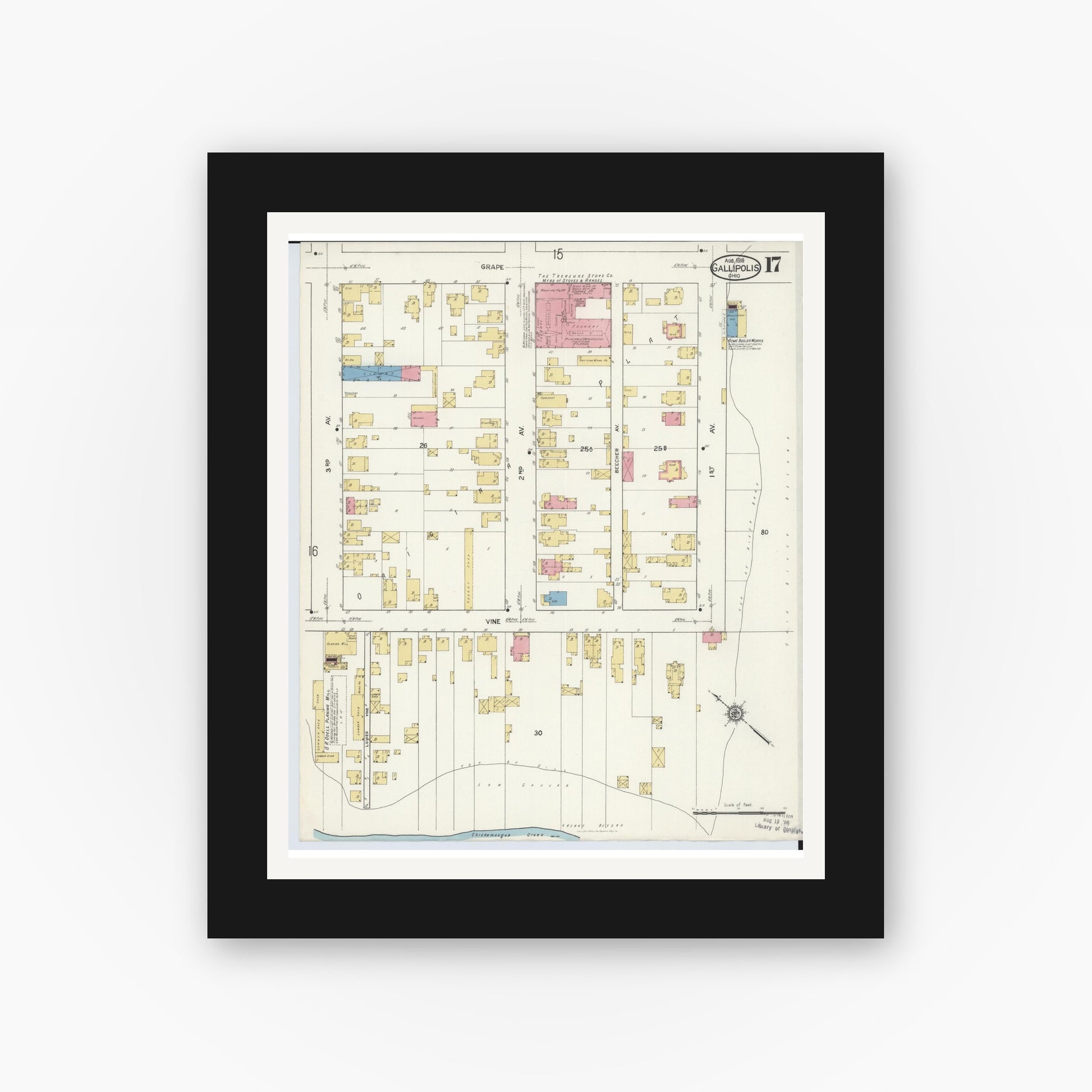 Old map wall art mockup — black gallery frame with white mat — Sanborn Fire Insurance Map from Gallipolis, Gallia County, Ohio (1916), Sheet #0017