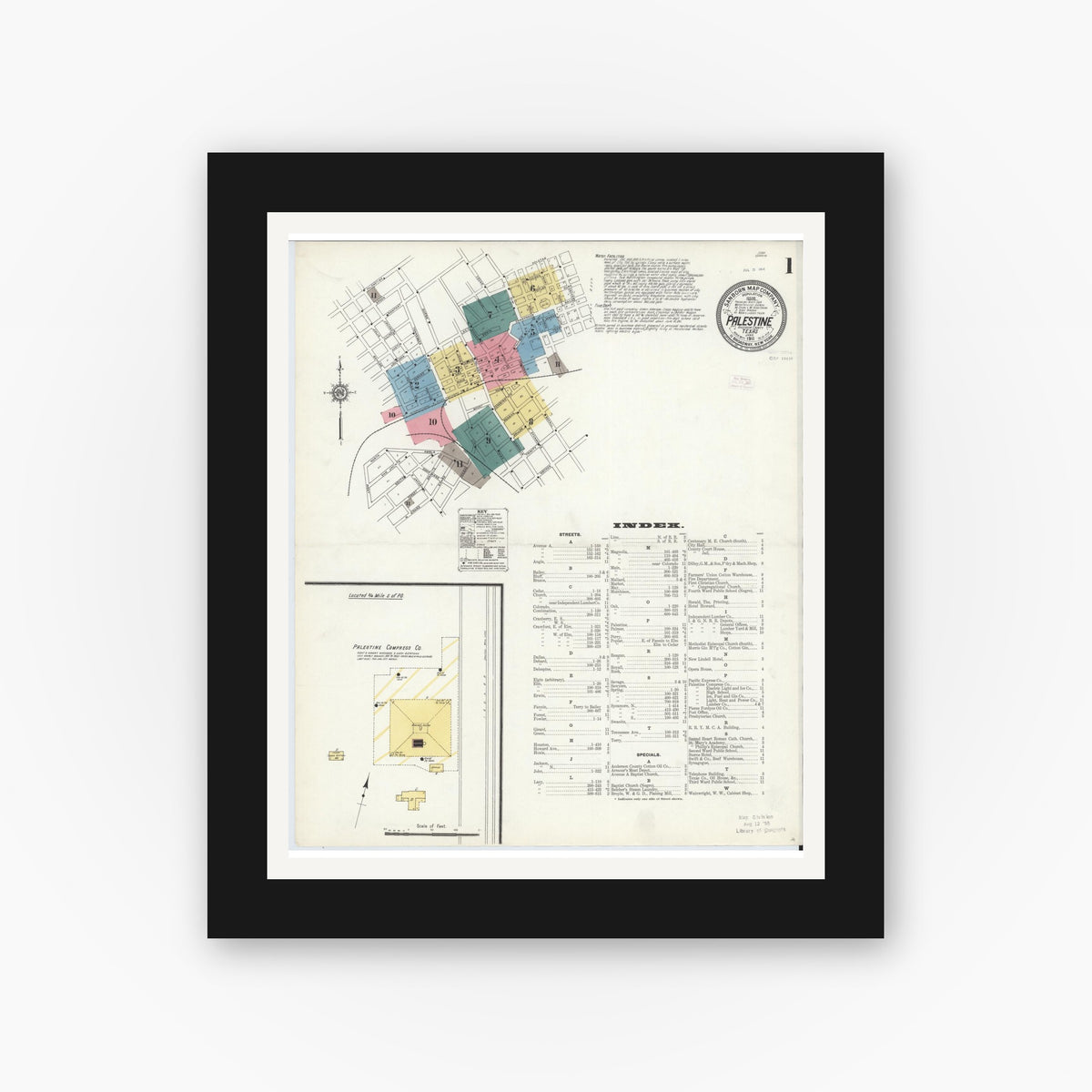 Old map wall art mockup — black gallery frame with white mat — Sanborn Fire Insurance Map from Palestine, Anderson County, Texas (1911) - Complete Map Set