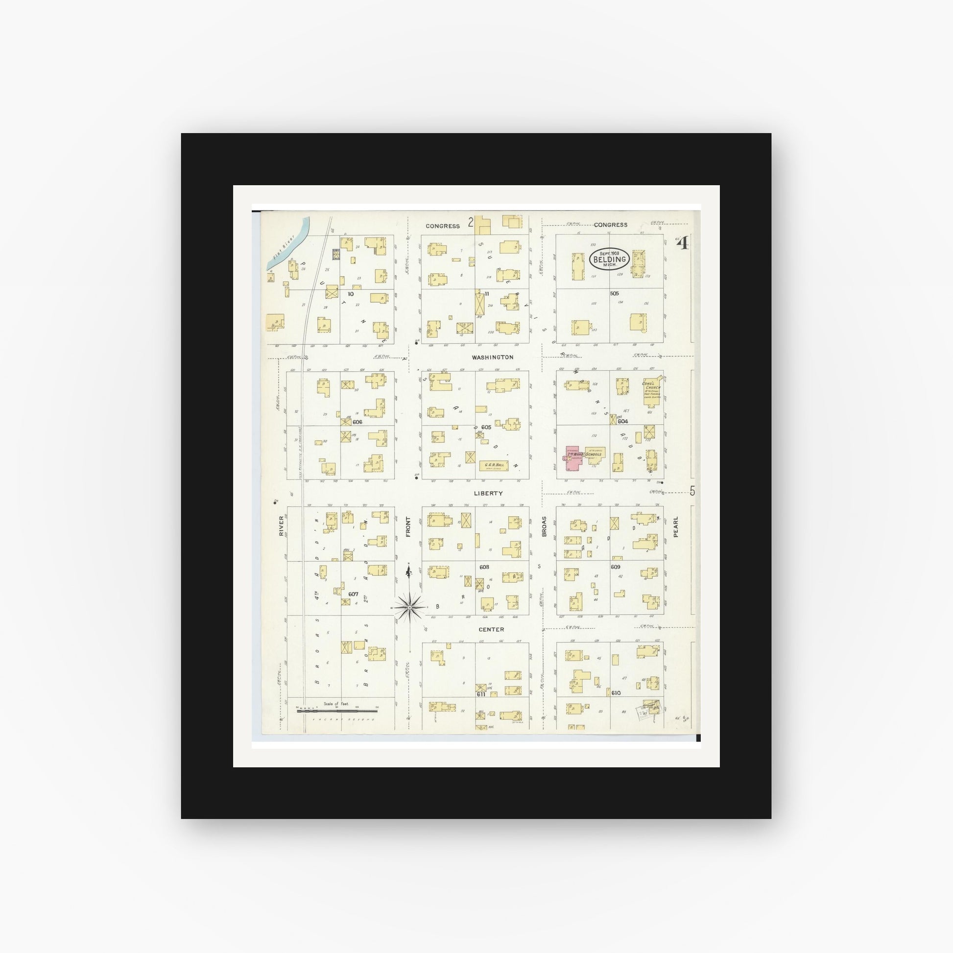 Old map wall art mockup — black gallery frame with white mat — Sanborn Fire Insurance Map from Belding, Ionia County, Michigan (1908), Sheet #0004