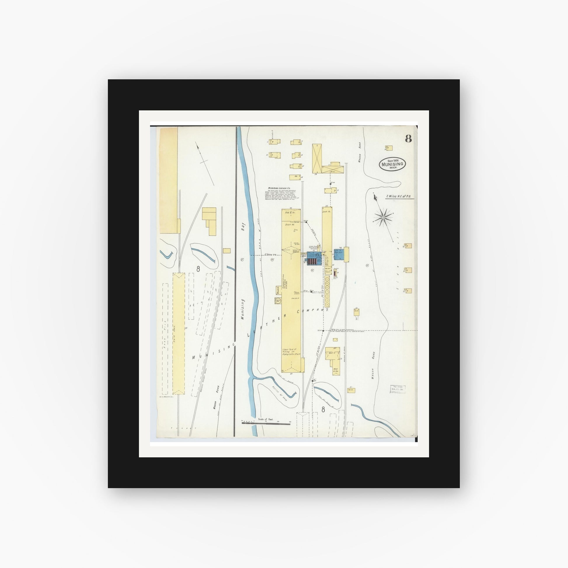 Old map wall art mockup — black gallery frame with white mat — Sanborn Fire Insurance Map from Munising, Alger County, Michigan (1906), Sheet #0008
