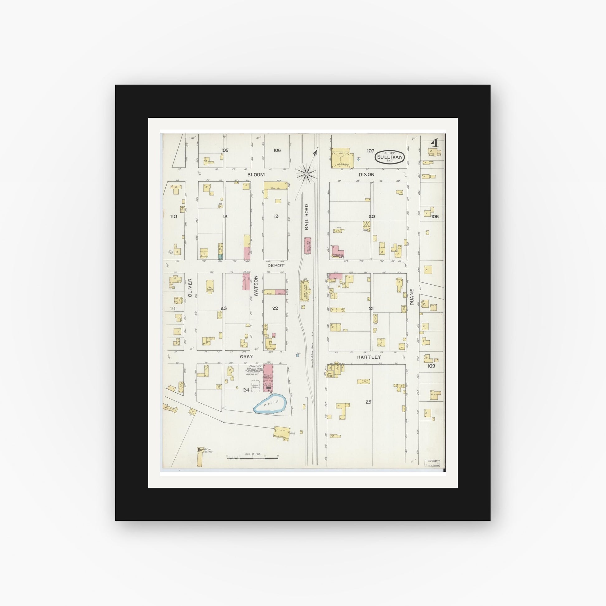 Old map wall art mockup — black gallery frame with white mat — Sanborn Fire Insurance Map from Sullivan, Sullivan County, Indiana (1892), Sheet #0004