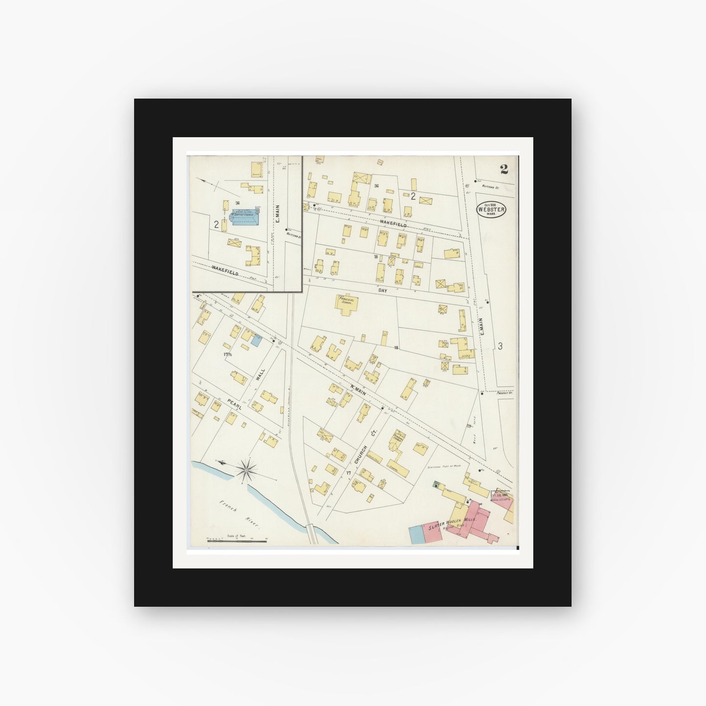 Old map wall art mockup — black gallery frame with white mat — Sanborn Fire Insurance Map from Webster, Worcester County, Massachusetts (1898), Sheet #0002