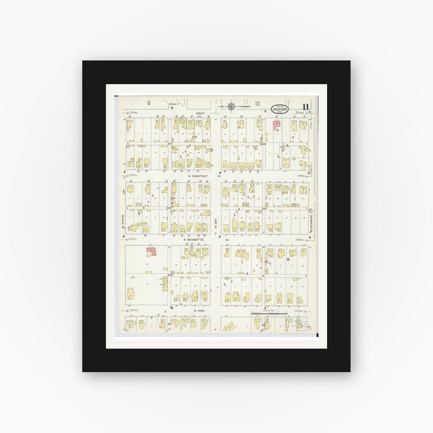 Old map wall art mockup — black gallery frame with white mat — Sanborn Fire Insurance Map from Jackson, Jackson County, Ohio (1914), Sheet #0011