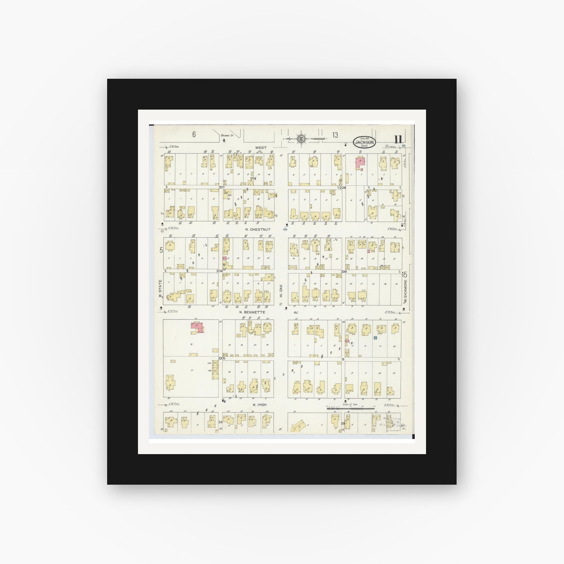 Old map wall art mockup — black gallery frame with white mat — Sanborn Fire Insurance Map from Jackson, Jackson County, Ohio (1914), Sheet #0011