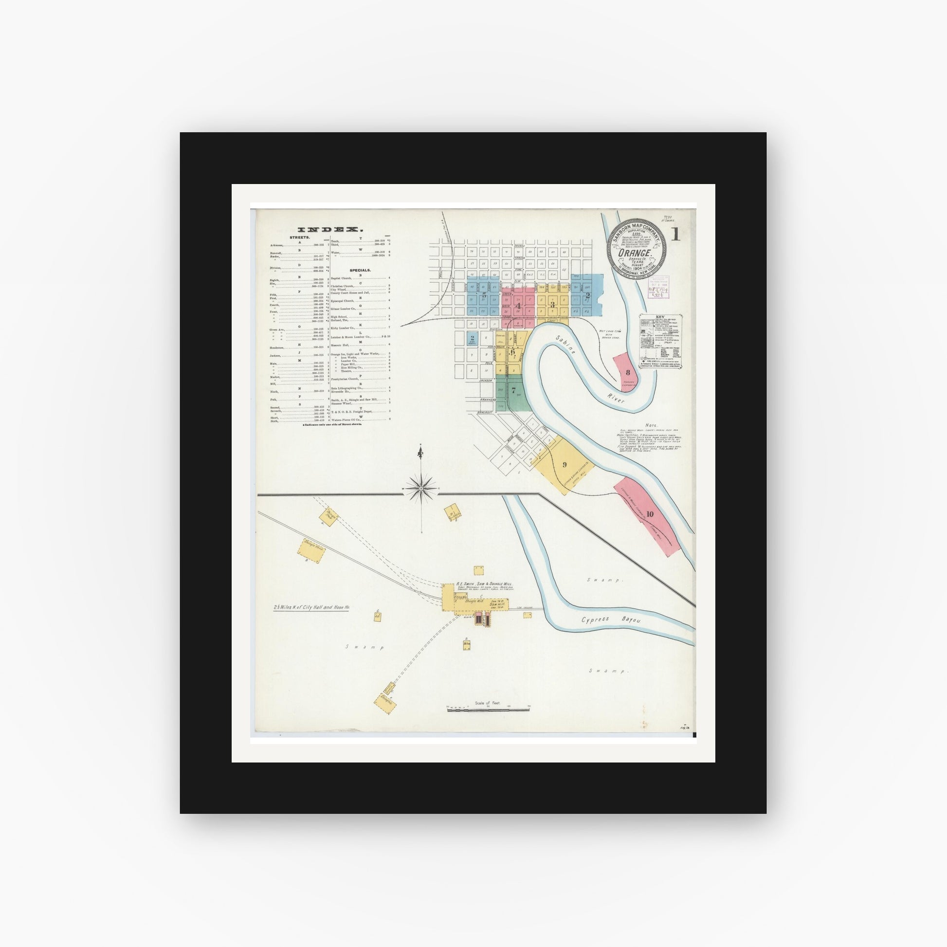 Old map wall art mockup — black gallery frame with white mat — Sanborn Fire Insurance Map from Orange, Orange County, Texas (1904), Sheet #0001