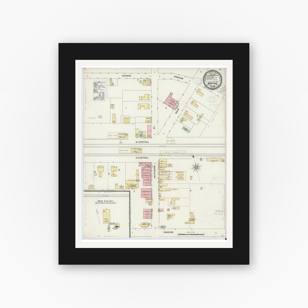 Old map wall art mockup — black gallery frame with white mat — Sanborn Fire Insurance Map from Maxton, Robeson County, North Carolina (1898), Sheet #0001