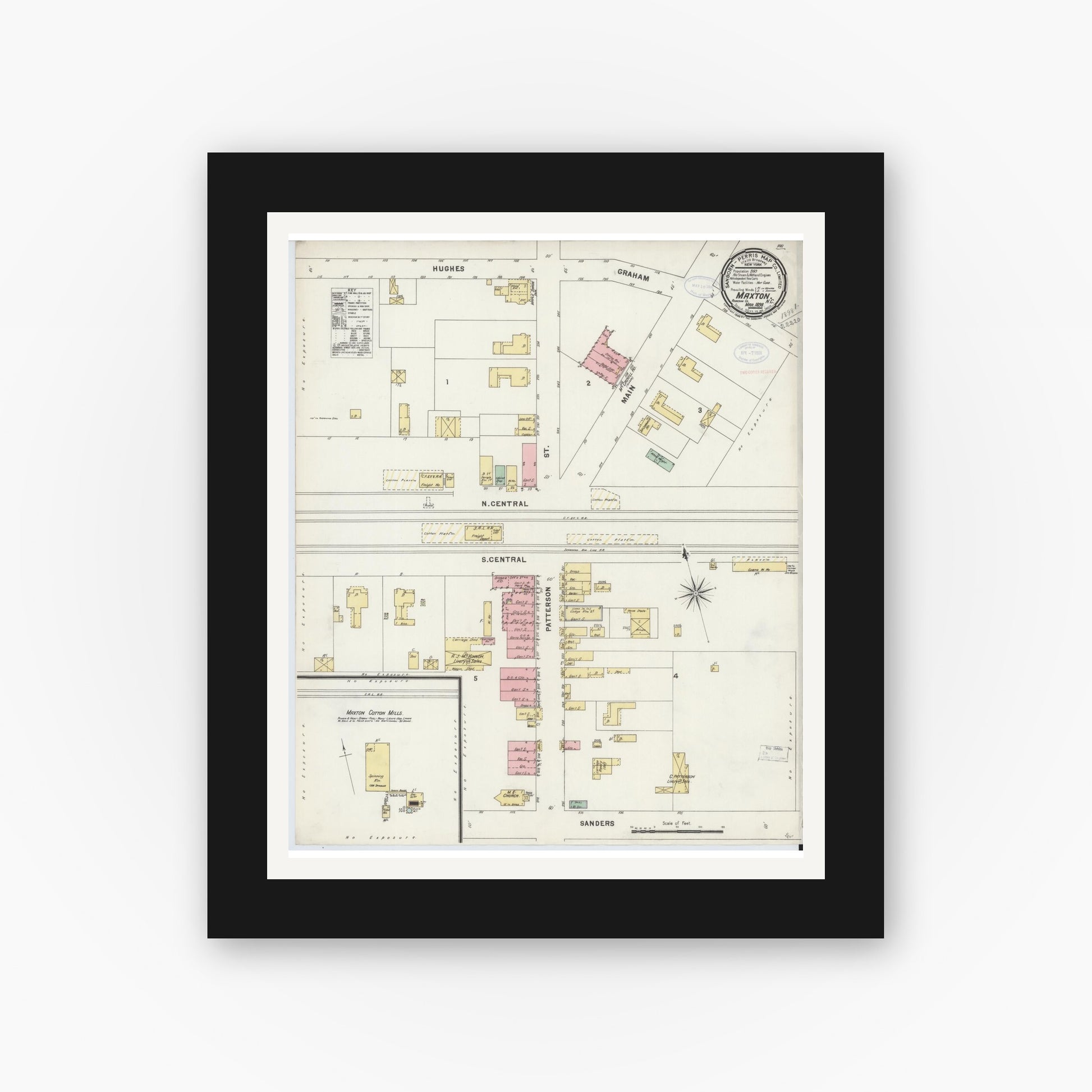 Old map wall art mockup — black gallery frame with white mat — Sanborn Fire Insurance Map from Maxton, Robeson County, North Carolina (1898), Sheet #0001