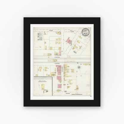 Old map wall art mockup — black gallery frame with white mat — Sanborn Fire Insurance Map from Maxton, Robeson County, North Carolina (1898), Sheet #0001