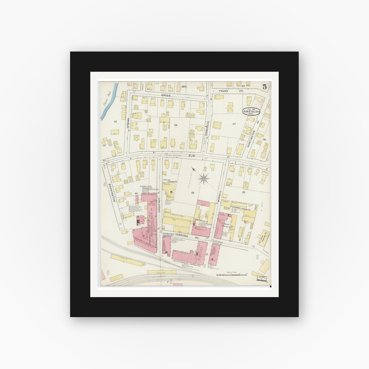 Old map wall art mockup — black gallery frame with white mat — Sanborn Fire Insurance Map from Amesbury, Essex County, Massachusetts (1894), Sheet #0005