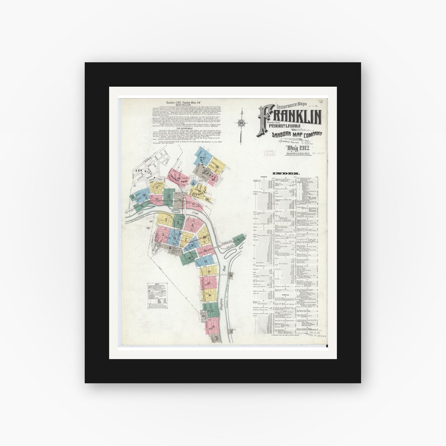 Old map wall art mockup — black gallery frame with white mat — Sanborn Fire Insurance Map from Franklin, Venango County, Pennsylvania (1912), Sheet #0001