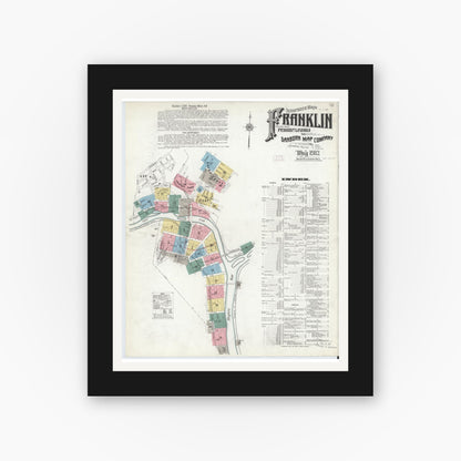 Old map wall art mockup — black gallery frame with white mat — Sanborn Fire Insurance Map from Franklin, Venango County, Pennsylvania (1912), Sheet #0001