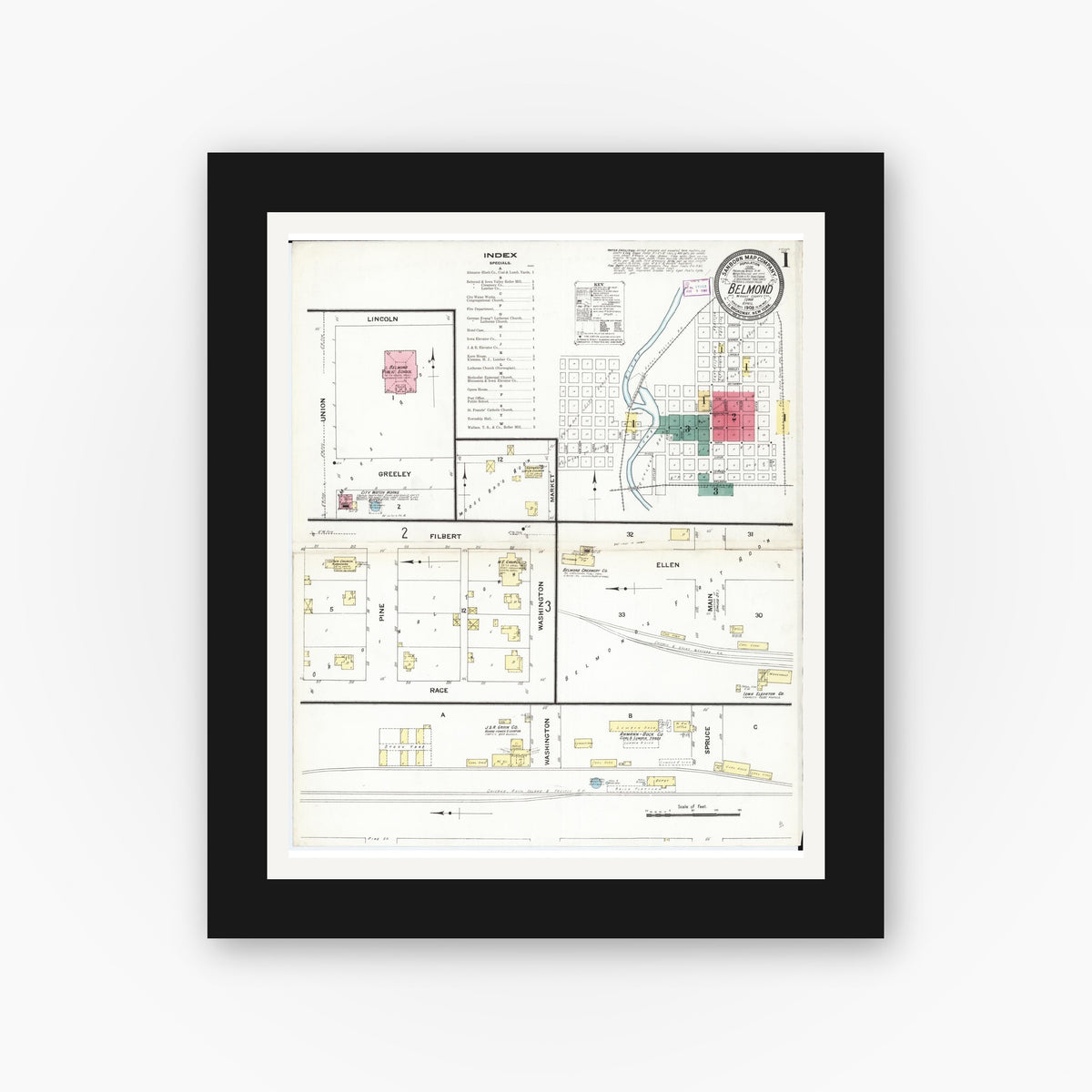 Old map wall art mockup — black gallery frame with white mat — Sanborn Fire Insurance Map from Belmond, Wright County, Iowa (1909) â€” Complete Set