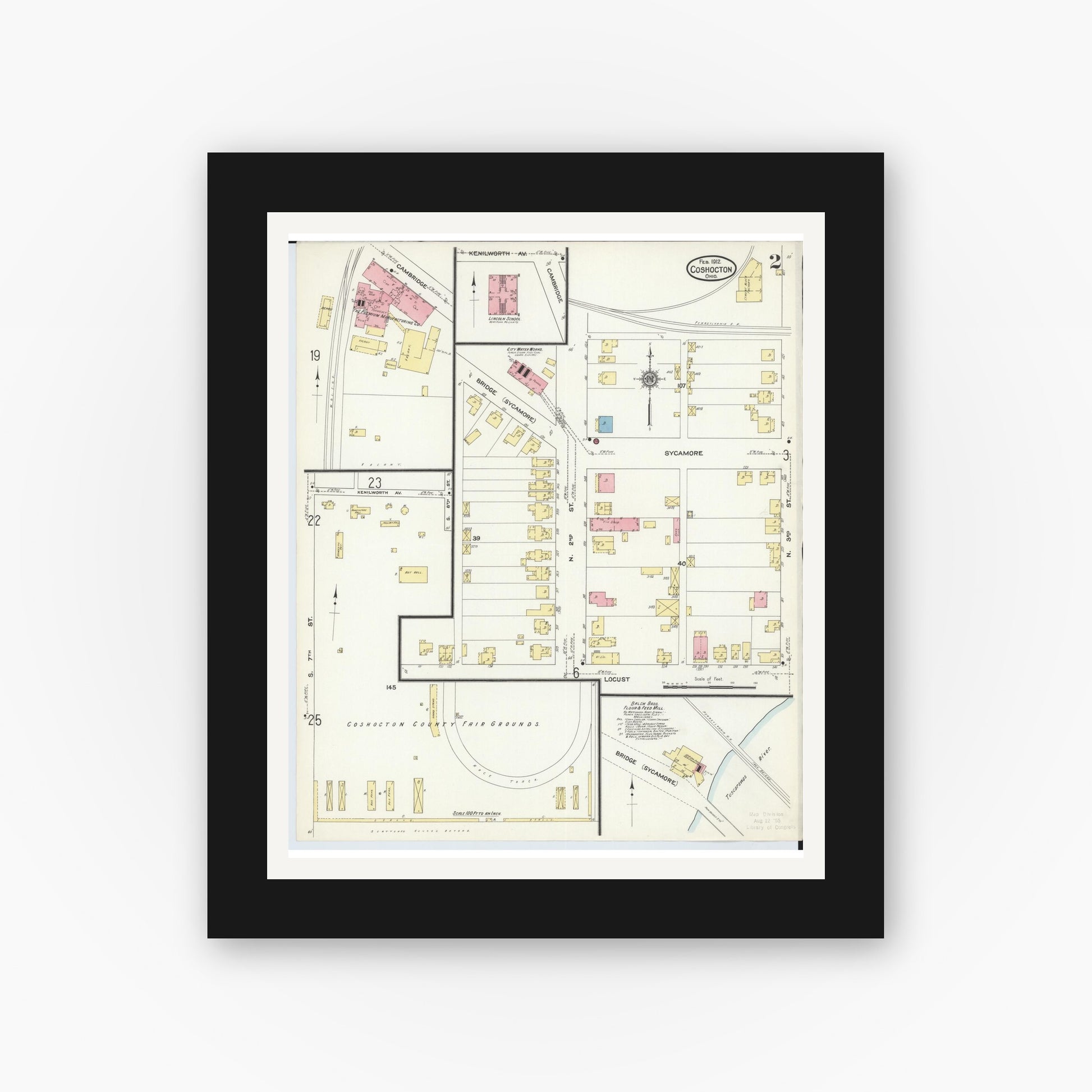 Old map wall art mockup — black gallery frame with white mat — Sanborn Fire Insurance Map from Coshocton, Coshocton County, Ohio (1912), Sheet #0002