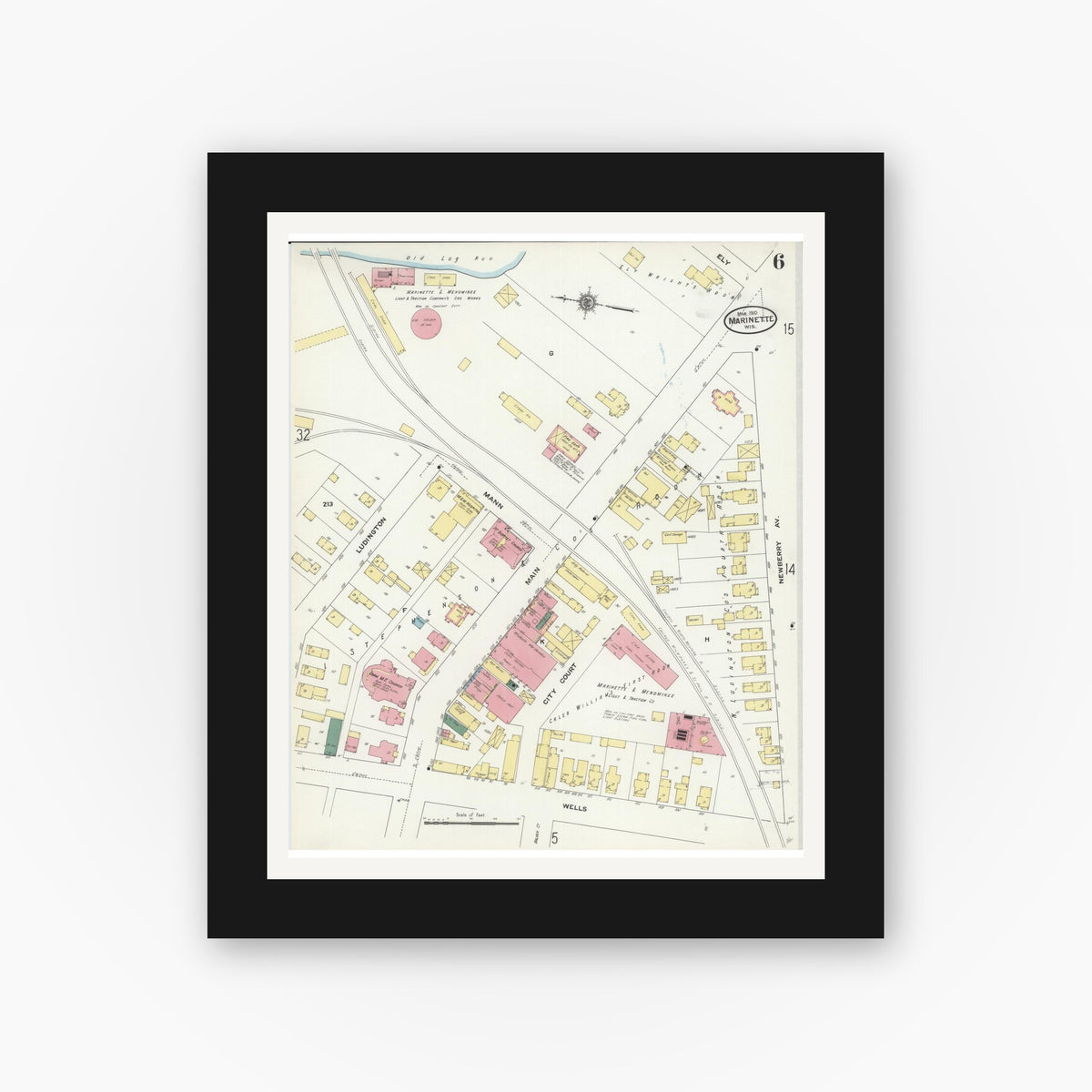 Old map wall art mockup — black gallery frame with white mat — Sanborn Fire Insurance Map from Marinette, Marinette County, Wisconsin (1910), Sheet #0006