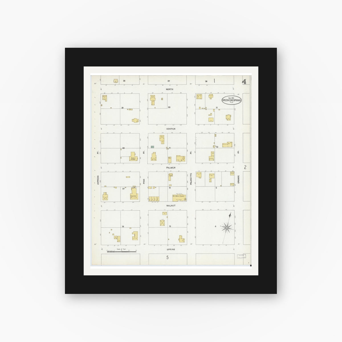 Old map wall art mockup — black gallery frame with white mat — Sanborn Fire Insurance Map from Green Cove Springs, Clay County, Florida (1903), Sheet #0004