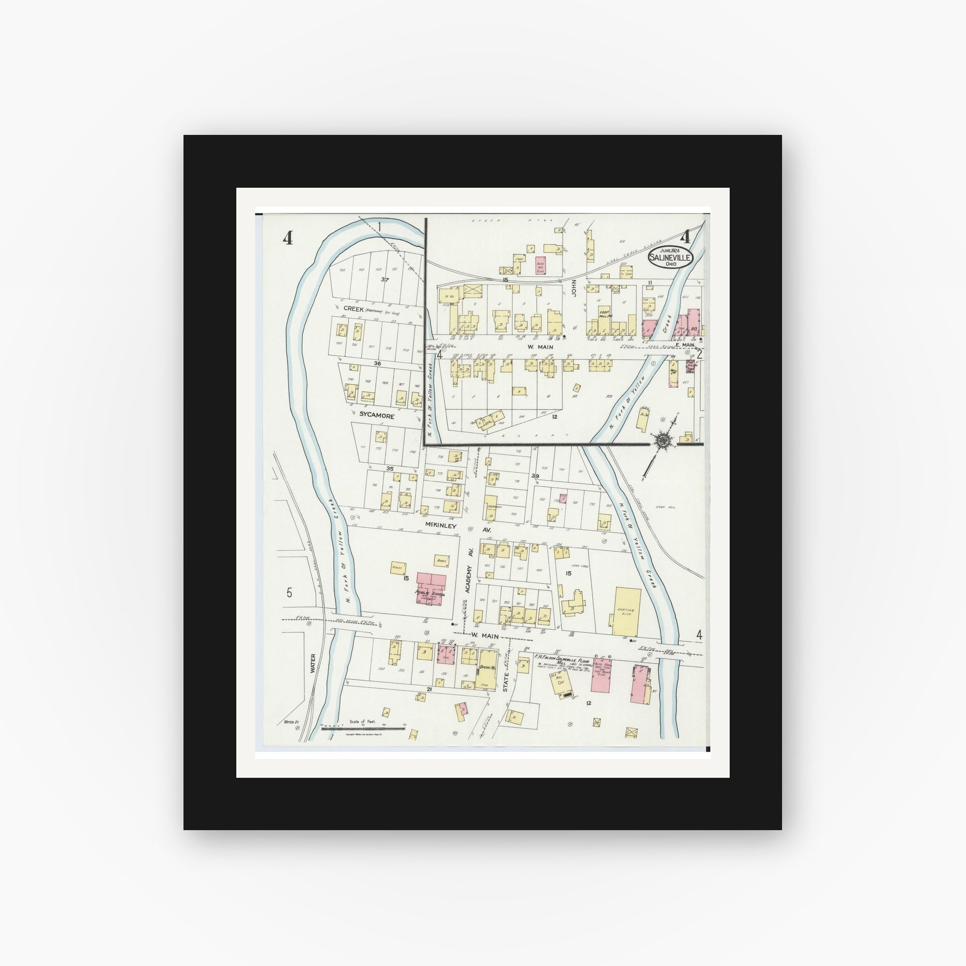 Old map wall art mockup — black gallery frame with white mat — Sanborn Fire Insurance Map from Salineville, Columbiana County, Ohio (1924), Sheet #0004