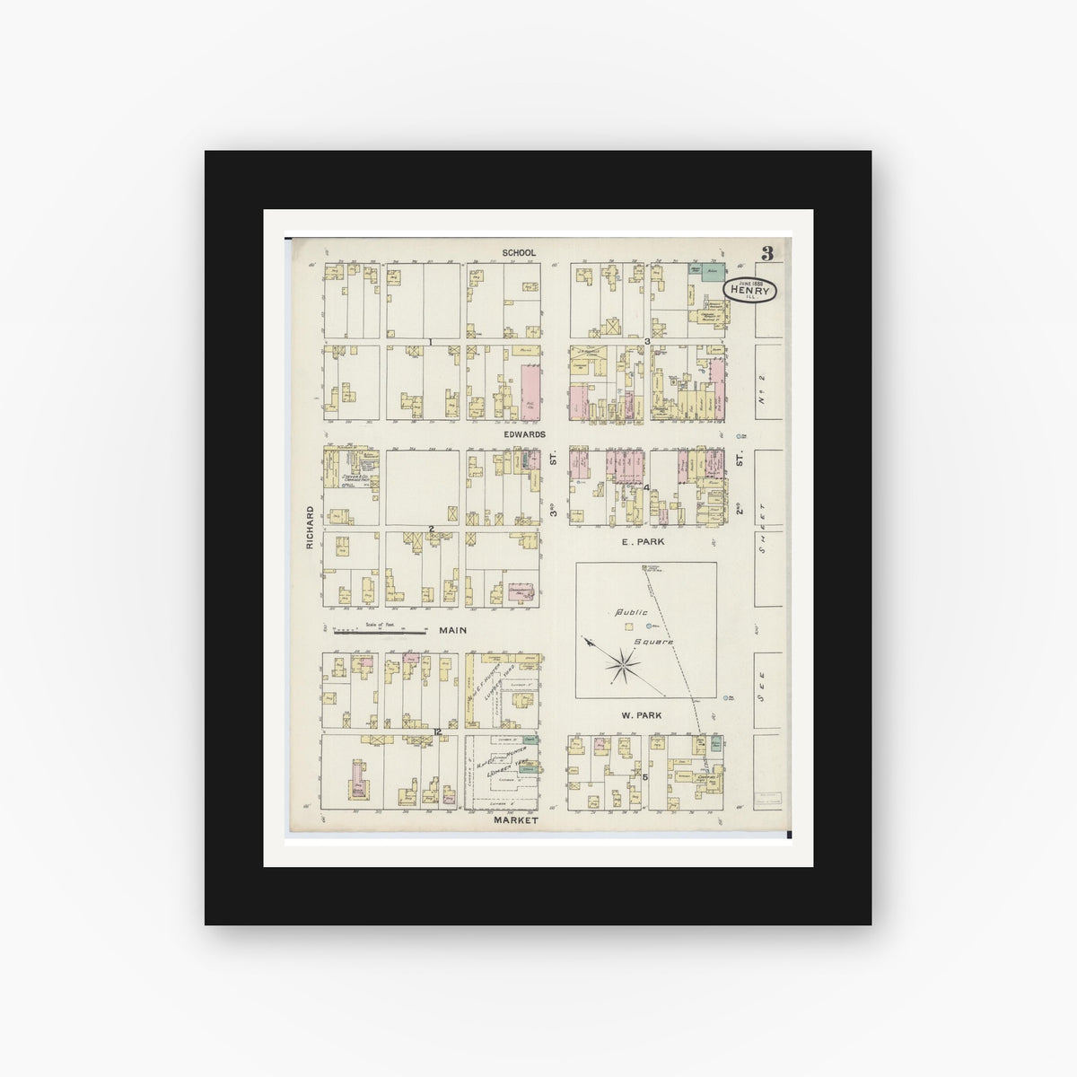 Old map wall art mockup — black gallery frame with white mat — Sanborn Fire Insurance Map from Henry, Marshall County, Illinois (1888), Sheet #0003