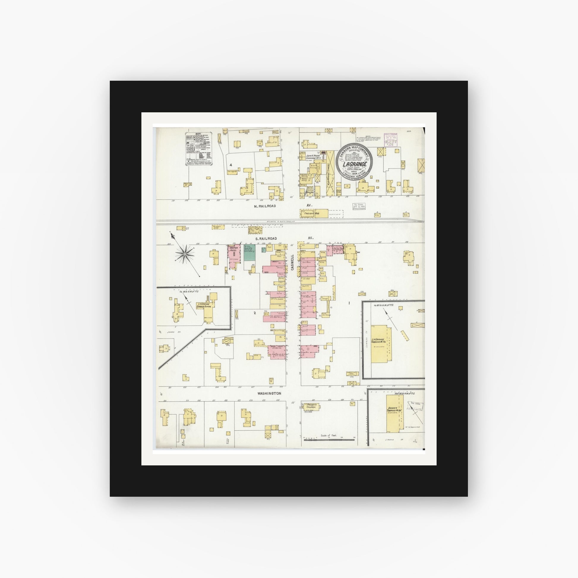 Old map wall art mockup — black gallery frame with white mat — Sanborn Fire Insurance Map from La Grange, Lenoir County, North Carolina (1904), Sheet #0001