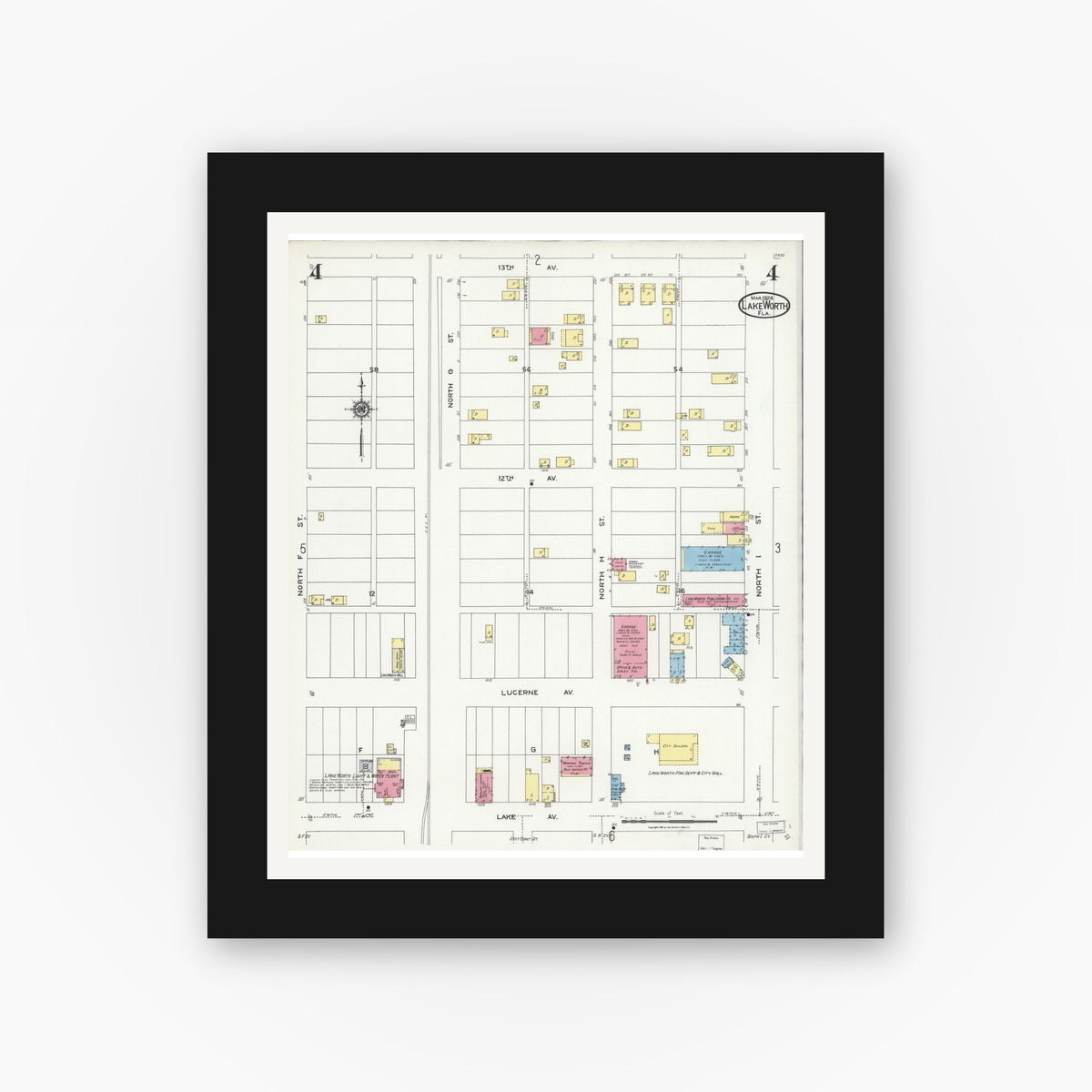 Old map wall art mockup — black gallery frame with white mat — Sanborn Fire Insurance Map from Lake Worth, Palm Beach County, Florida (1924), Sheet #0004