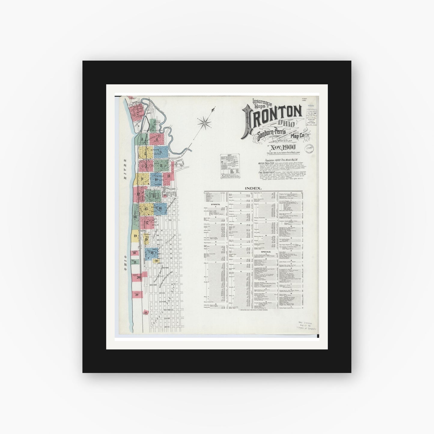 Old map wall art mockup — black gallery frame with white mat — Sanborn Fire Insurance Map from Ironton, Lawrence County, Ohio (1900), Sheet #0001