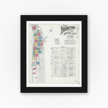 Old map wall art mockup — black gallery frame with white mat — Sanborn Fire Insurance Map from Ironton, Lawrence County, Ohio (1900), Sheet #0001
