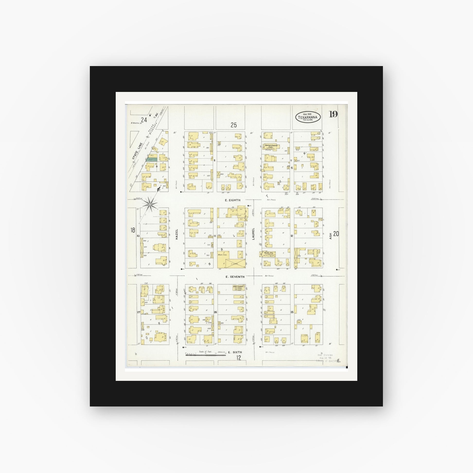 Old map wall art mockup — black gallery frame with white mat — Sanborn Fire Insurance Map from Texarkana, Bowie County, Texas (1909), Sheet #0019