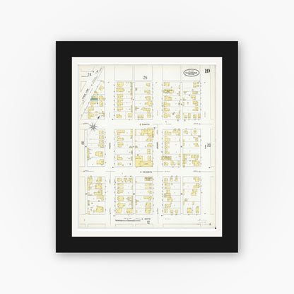 Old map wall art mockup — black gallery frame with white mat — Sanborn Fire Insurance Map from Texarkana, Bowie County, Texas (1909), Sheet #0019