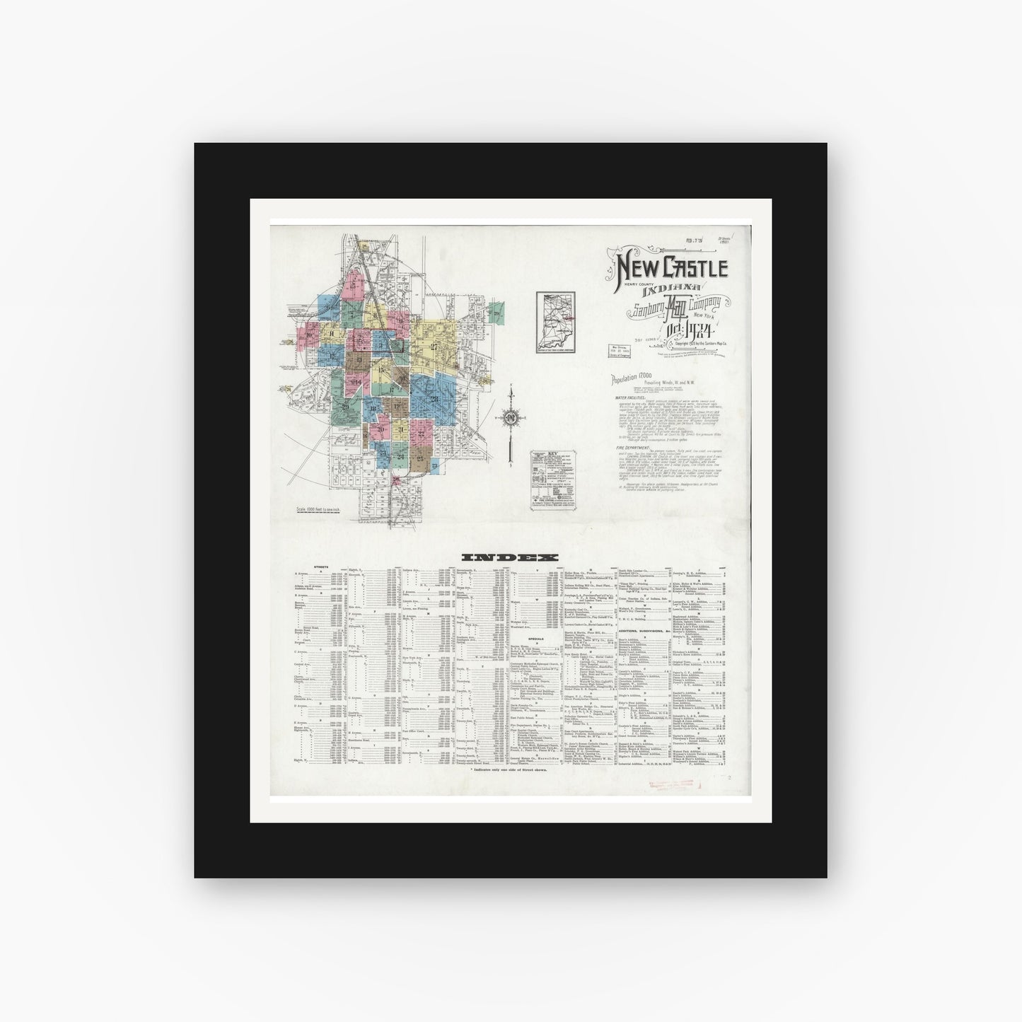 Old map wall art mockup — black gallery frame with white mat — Sanborn Fire Insurance Map from New Castle, Henry County, Indiana (1924) - Complete Map Set
