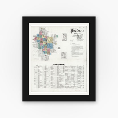 Old map wall art mockup — black gallery frame with white mat — Sanborn Fire Insurance Map from New Castle, Henry County, Indiana (1924) - Complete Map Set