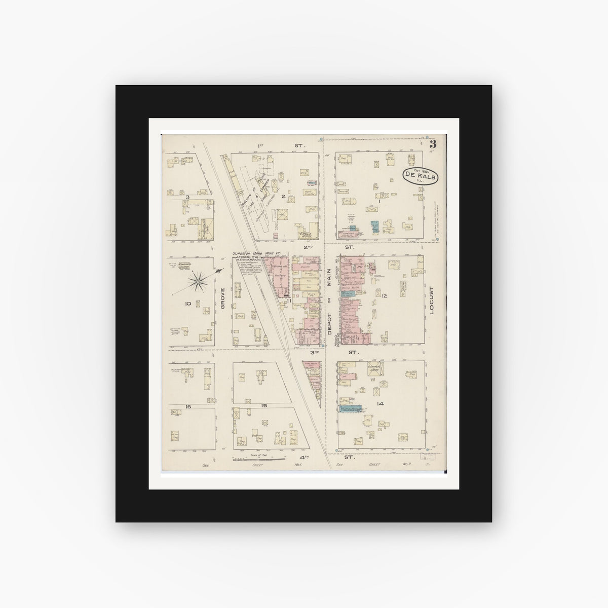 Old map wall art mockup — black gallery frame with white mat — Sanborn Fire Insurance Map from De Kalb, De Kalb County, Illinois (1885), Sheet #0003