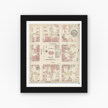 Old map wall art mockup — black gallery frame with white mat — Sanborn Fire Insurance Map from Greensburg, Decatur County, Indiana (1883) - Complete Map Set