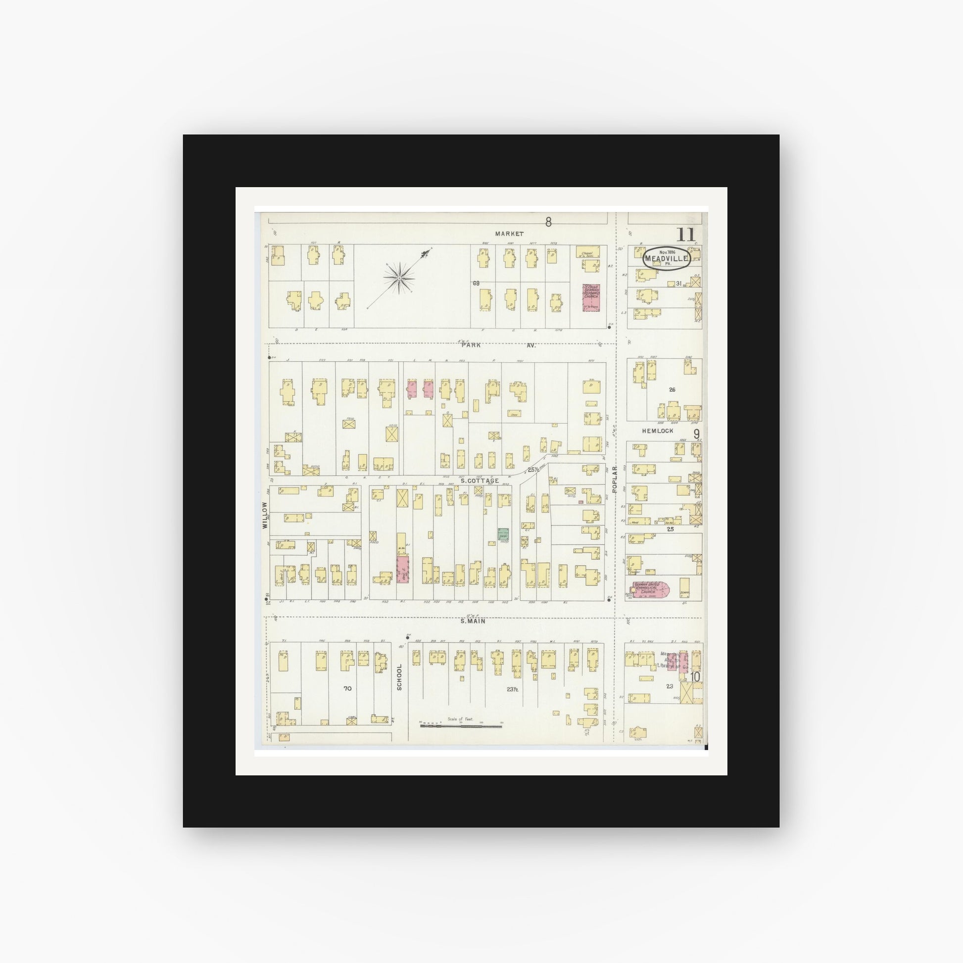 Old map wall art mockup — black gallery frame with white mat — Sanborn Fire Insurance Map from Meadville, Crawford County, Pennsylvania (1896), Sheet #0011