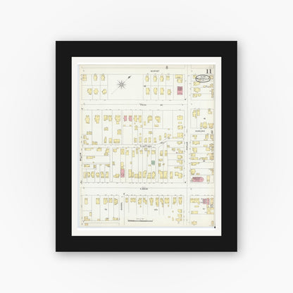 Old map wall art mockup — black gallery frame with white mat — Sanborn Fire Insurance Map from Meadville, Crawford County, Pennsylvania (1896), Sheet #0011