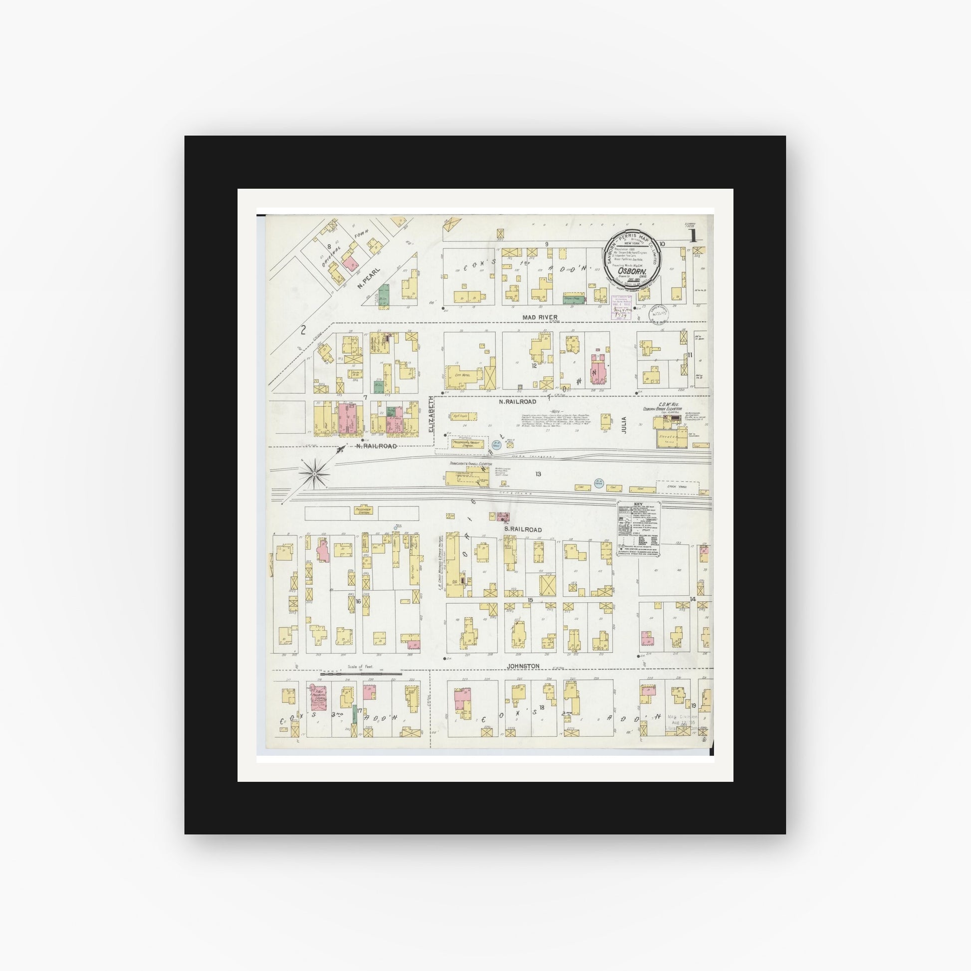 Old map wall art mockup — black gallery frame with white mat — Sanborn Fire Insurance Map from Osborn, Greene County, Ohio (1901), Sheet #0001