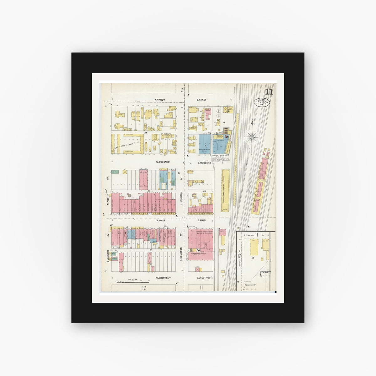 Old map wall art mockup — black gallery frame with white mat — Sanborn Fire Insurance Map from Denison, Grayson County, Texas (1903), Sheet #0011