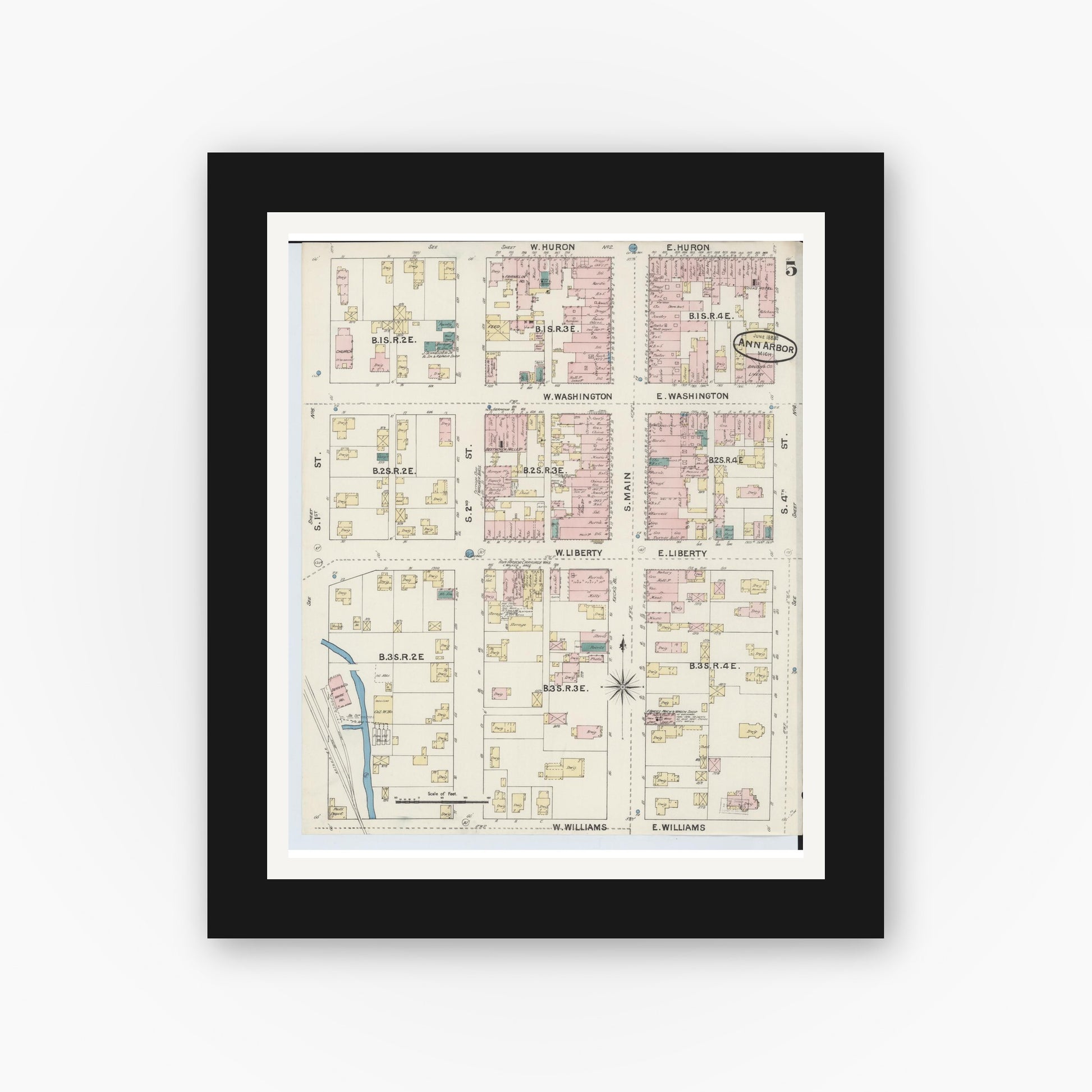 Old map wall art mockup — black gallery frame with white mat — Sanborn Fire Insurance Map from Ann Arbor, Washtenaw County, Michigan (1888), Sheet #0005