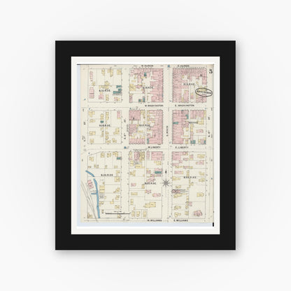 Old map wall art mockup — black gallery frame with white mat — Sanborn Fire Insurance Map from Ann Arbor, Washtenaw County, Michigan (1888), Sheet #0005