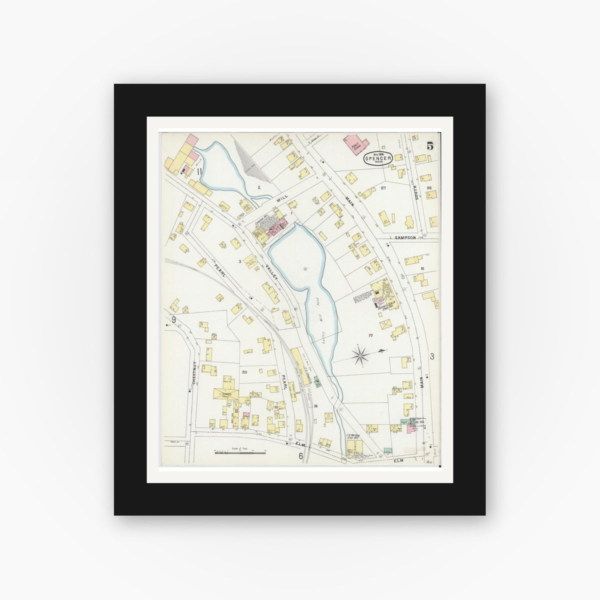 Old map wall art mockup — black gallery frame with white mat — Sanborn Fire Insurance Map from Spencer, Worcester County, Massachusetts (1896), Sheet #0005
