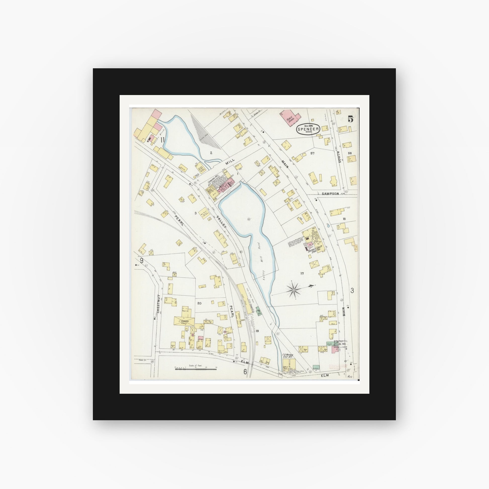 Old map wall art mockup — black gallery frame with white mat — Sanborn Fire Insurance Map from Spencer, Worcester County, Massachusetts (1896), Sheet #0005