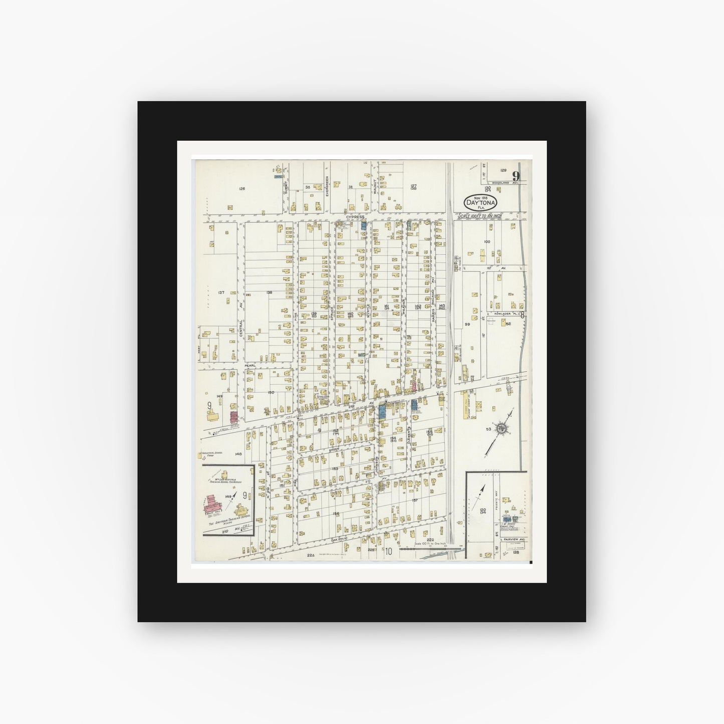 Old map wall art mockup — black gallery frame with white mat — Sanborn Fire Insurance Map from Daytona, Volusia County, Florida (1916), Sheet #0009