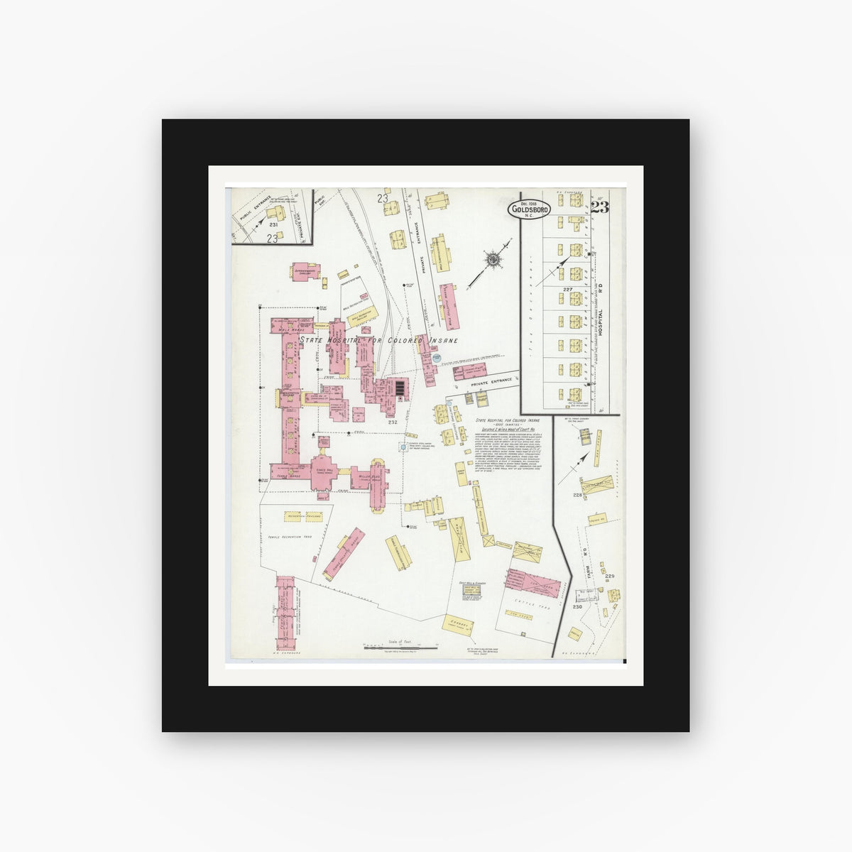 Old map wall art mockup — black gallery frame with white mat — Sanborn Fire Insurance Map from Goldsboro, Wayne County, North Carolina (1918), Sheet #0023
