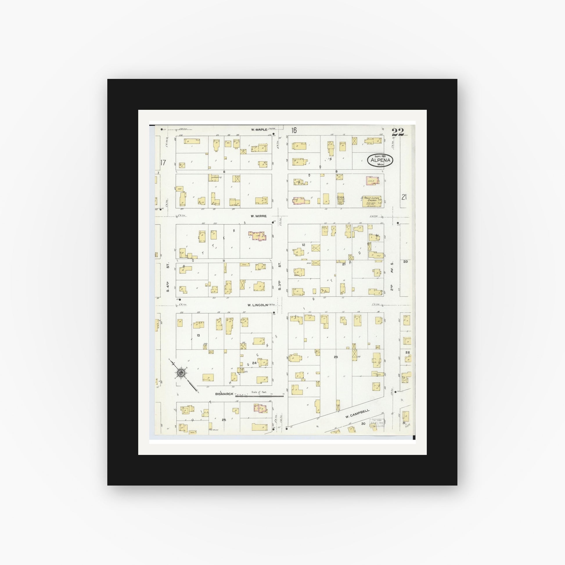 Old map wall art mockup — black gallery frame with white mat — Sanborn Fire Insurance Map from Alpena, Alpena County, Michigan (1910), Sheet #0022