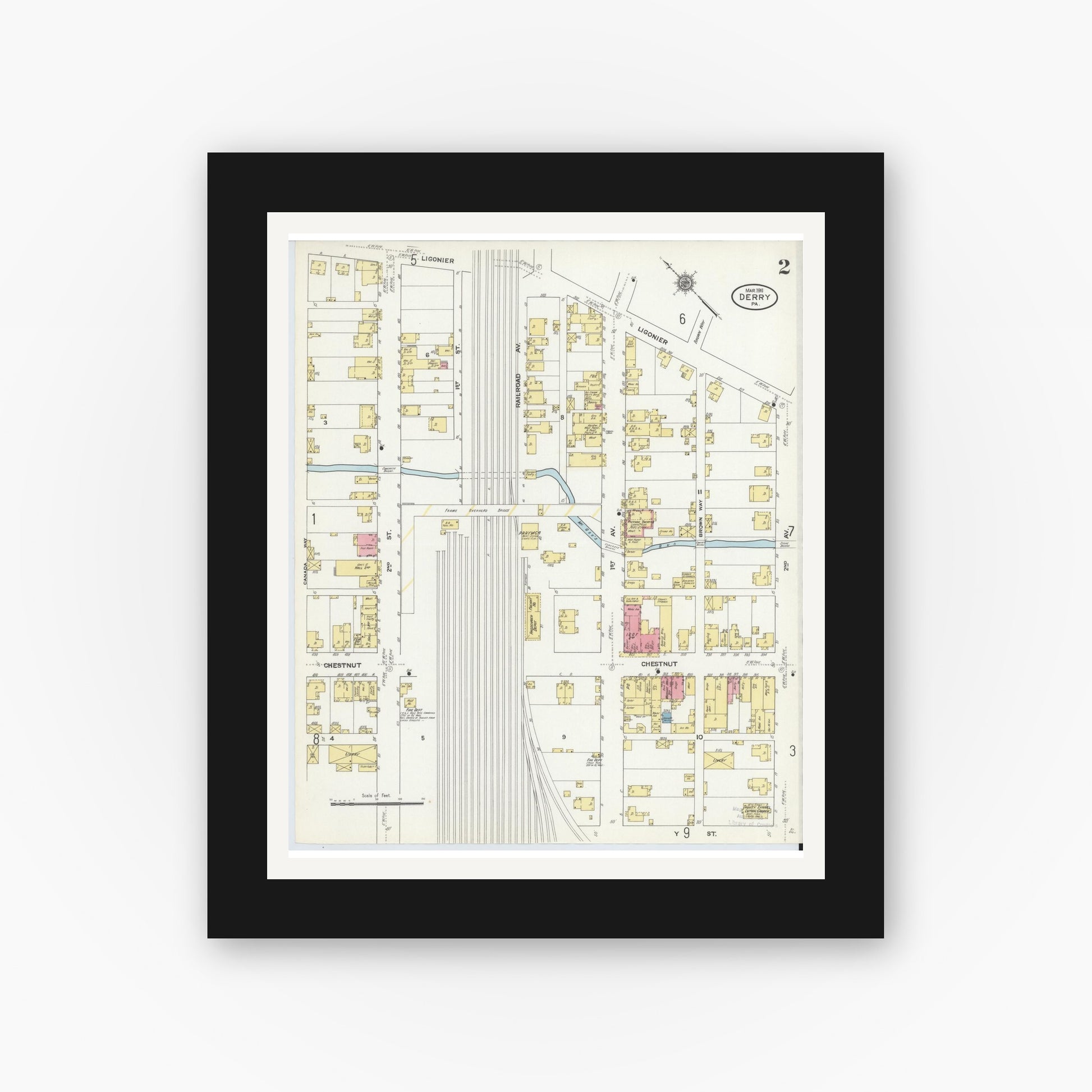 Old map wall art mockup — black gallery frame with white mat — Sanborn Fire Insurance Map from Derry, Westmoreland County, Pennsylvania (1911), Sheet #0002