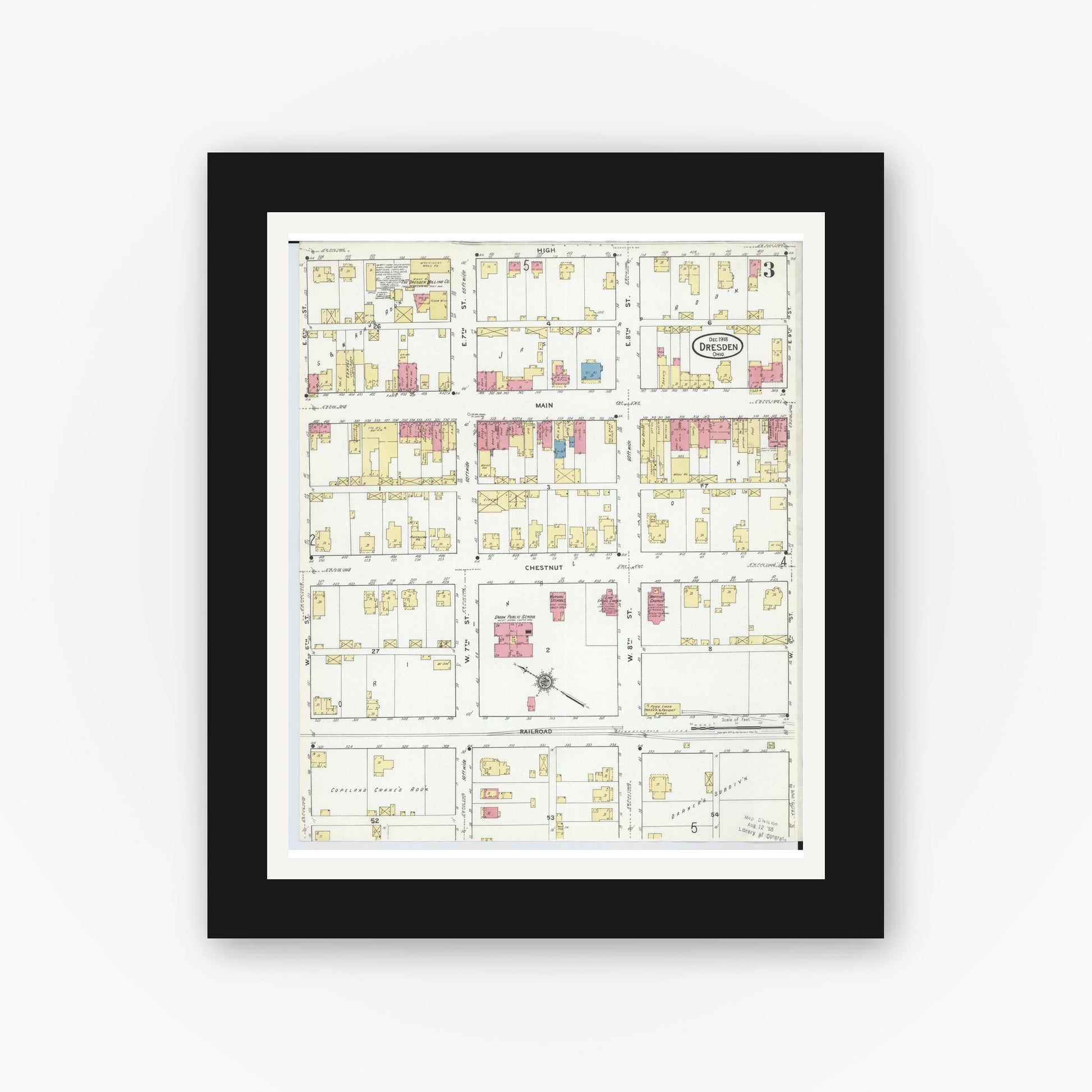 Old map wall art mockup — black gallery frame with white mat — Sanborn Fire Insurance Map from Dresden, Muskingum County, Ohio (1918), Sheet #0003