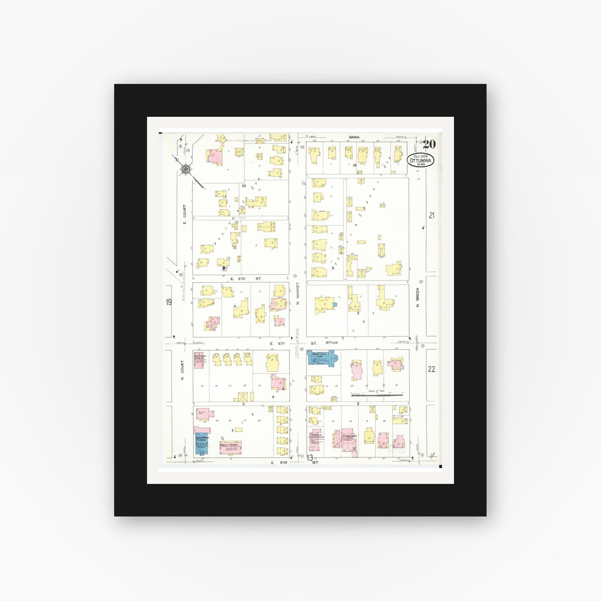 Old map wall art mockup — black gallery frame with white mat — Sanborn Fire Insurance Map from Ottumwa, Wapello County, Iowa (1909), Sheet #0020