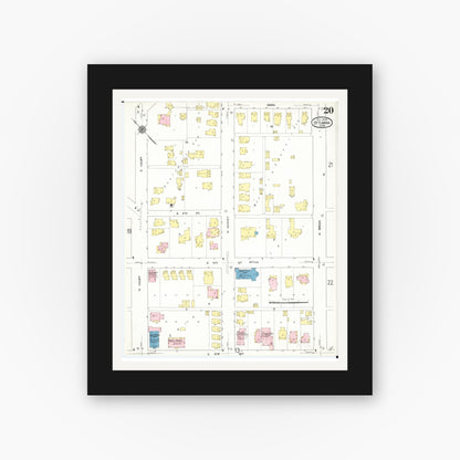 Old map wall art mockup — black gallery frame with white mat — Sanborn Fire Insurance Map from Ottumwa, Wapello County, Iowa (1909), Sheet #0020
