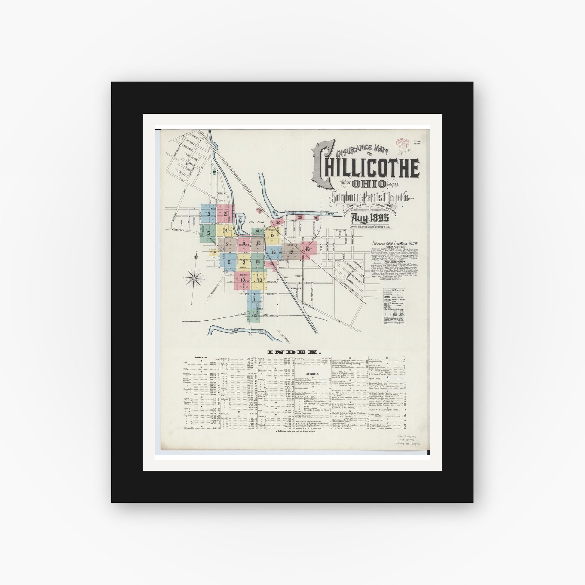 Old map wall art mockup — black gallery frame with white mat — Sanborn Fire Insurance Map from Chillicothe, Ross County, Ohio (1895), Sheet #0001