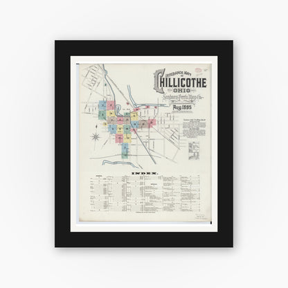 Old map wall art mockup — black gallery frame with white mat — Sanborn Fire Insurance Map from Chillicothe, Ross County, Ohio (1895), Sheet #0001