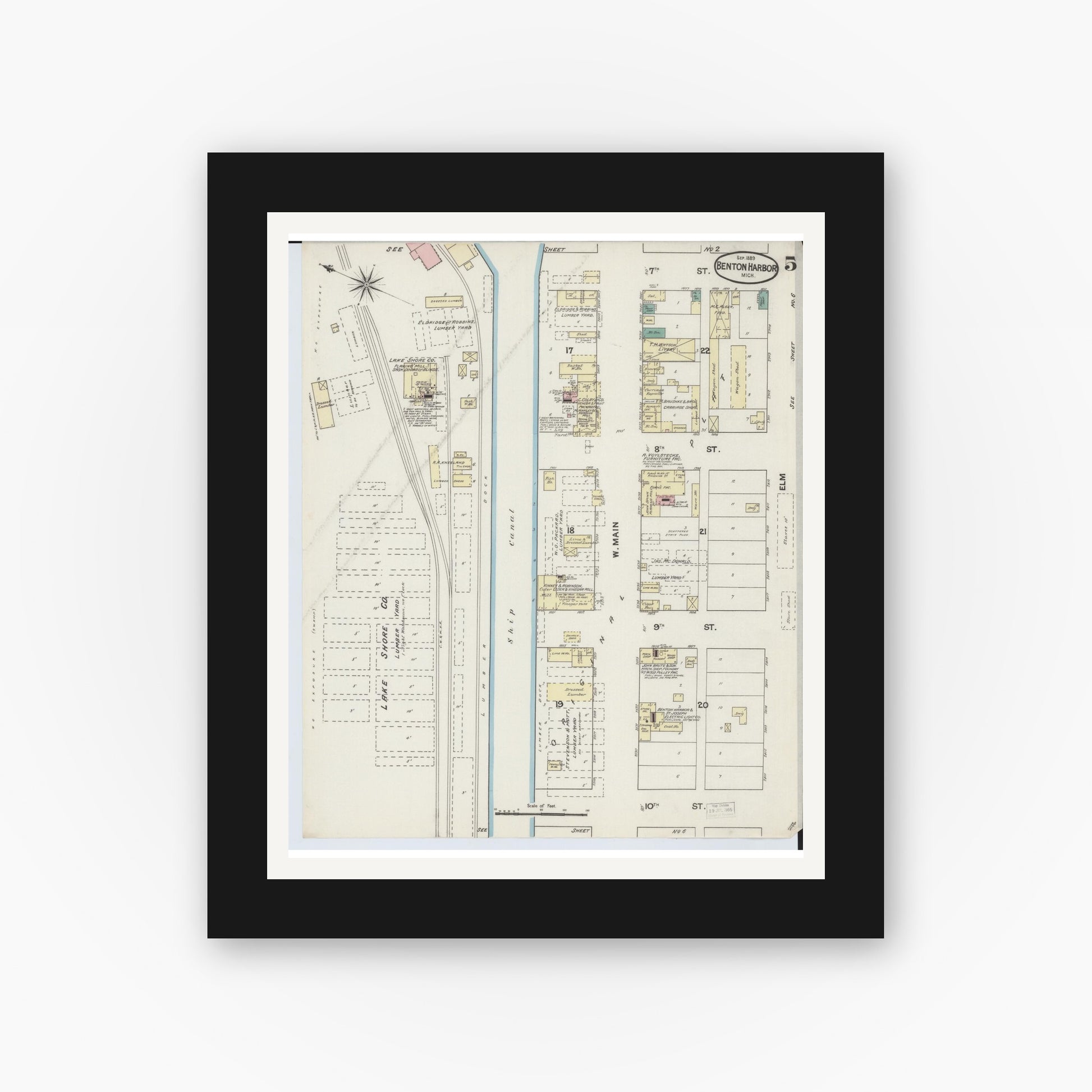 Old map wall art mockup — black gallery frame with white mat — Sanborn Fire Insurance Map from Benton Harbor, Berrien County, Michigan (1889), Sheet #0005